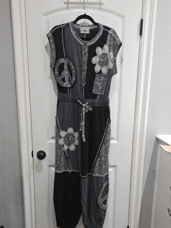 POL Pants - POL Gray and Black Patchwork Maxi Jumpsuit with Appliqué